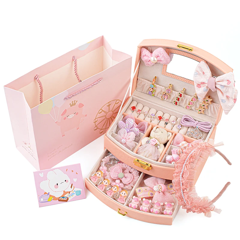 Fashion Cute Kids Bow Hair Accessories Set Mirror Necklace Earring Ring Hair Circle Hair Clip Girls Gift Box