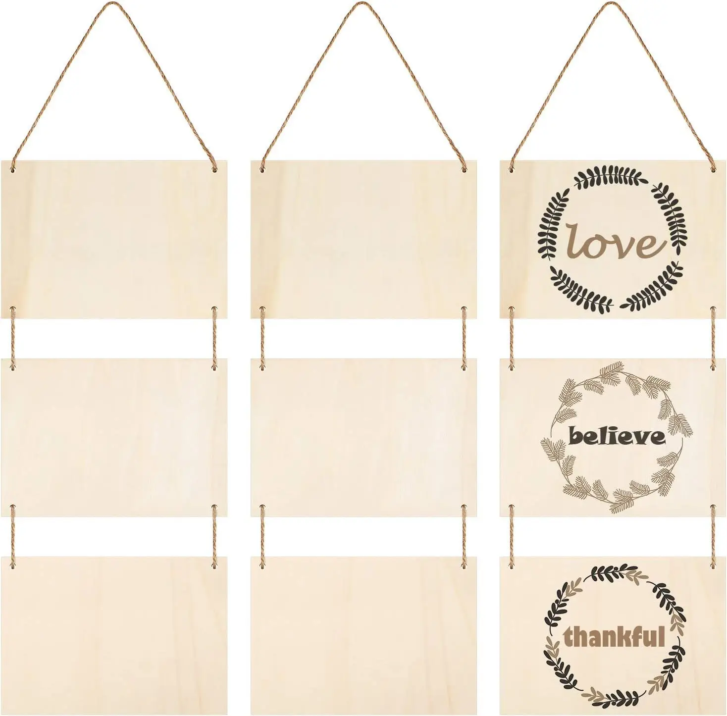 Unfinished Blank Wood DIY Craft Front Door Decorative Wooden Hanging Sign with Hemp Rope