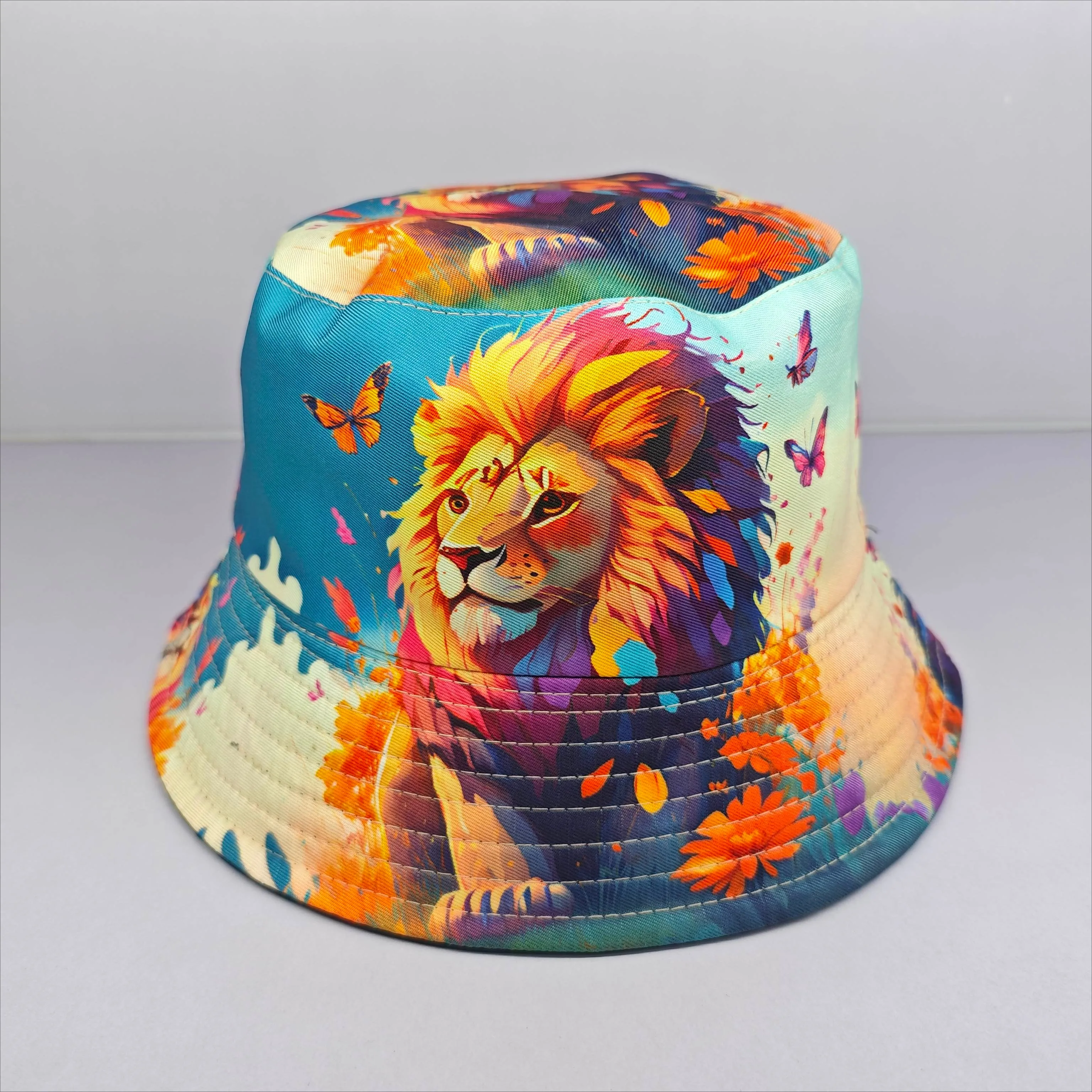 2024 Custom Lion Logo Bucket Hats High Quality Pure Polyester Outdoor Beach CapEmbroidered White Brand Boonie Hats for Summer