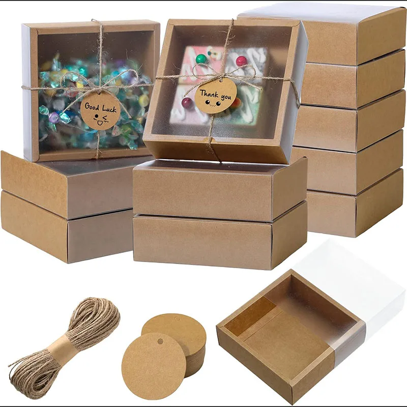 Wholesale Custom Kraft Paper Jute Rope Clear Window Gift Box Packaging Drawer Box Birthday Party Kids Transparent Gift Box