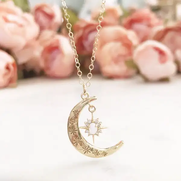 Crescent Moon Necklace, Sun and Moon Necklace, Dainty Gold Aurora Necklace