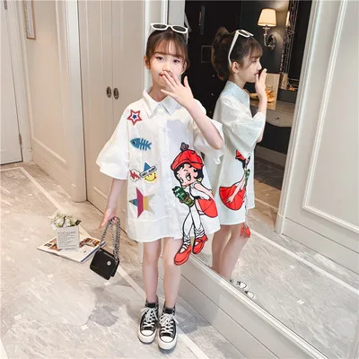 2024 Summer New Cartoon Trumpet Sleeve Dress Big Girls Korean Style Shirt Dress