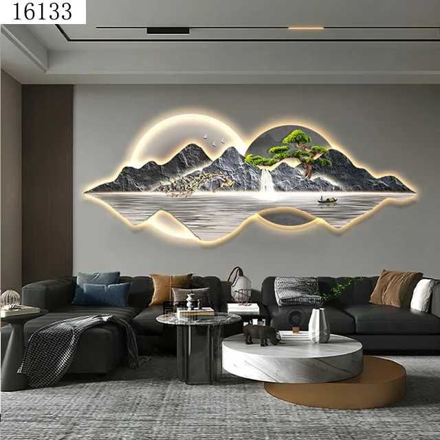 45X120CM Light luxury landscape crystal porcelain modern glass wall paintings with led home decor for living room