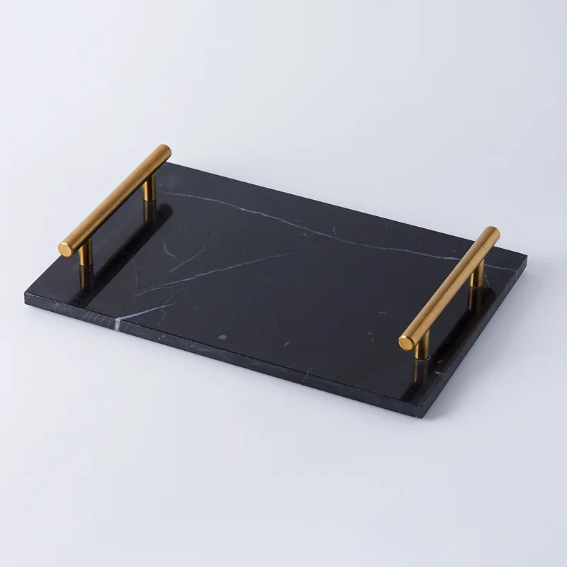 In Stock Hot Selling Rectangular Small Green Grey Hotel Indoor Table Marble Trays With Metal Handle