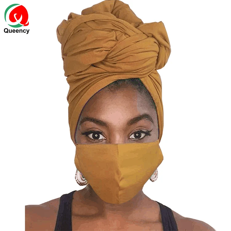 Queency 2021 New Design African Jersey Cotton Headties Mas k Set Solid Color Headwrap Matching Mas k for Unisex