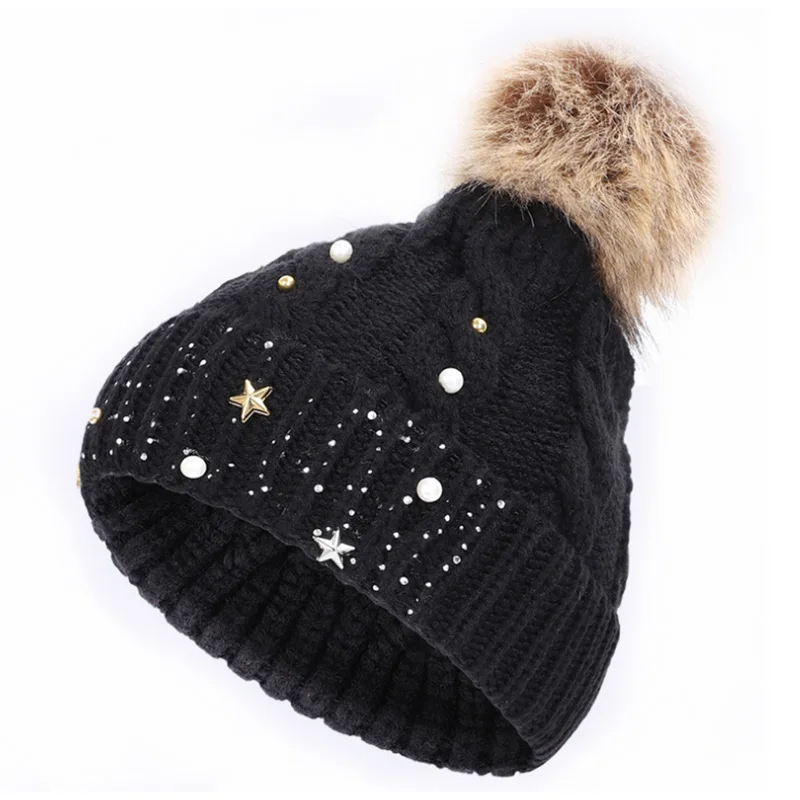 Fashion Cable Knit Hat Winter Warm Knitted Beanie Embellish Hat Rhinestone Beanie hat