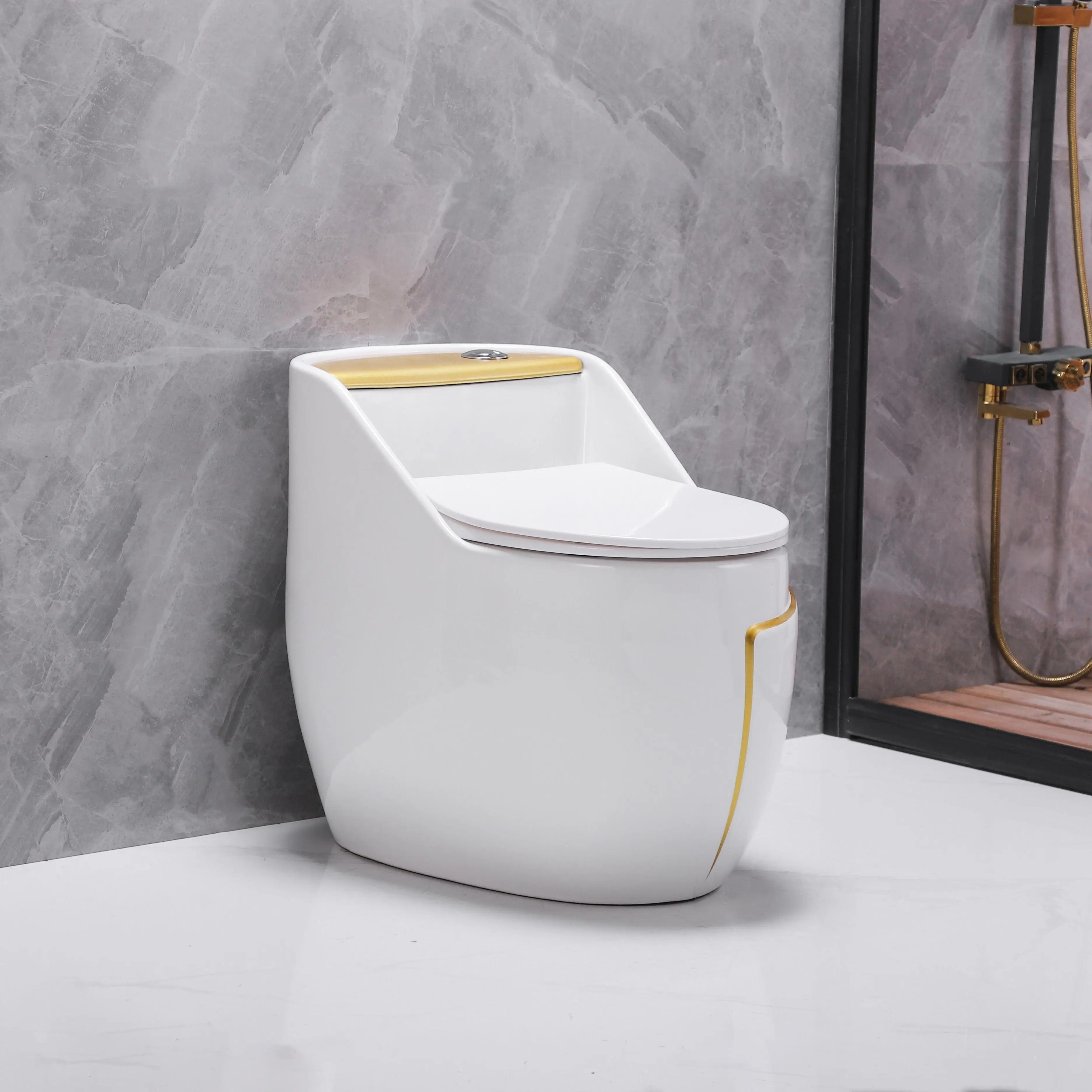 Modern sanitary ware gold and white short mini style bathroom ceramic toilets p-trap one piece toilet