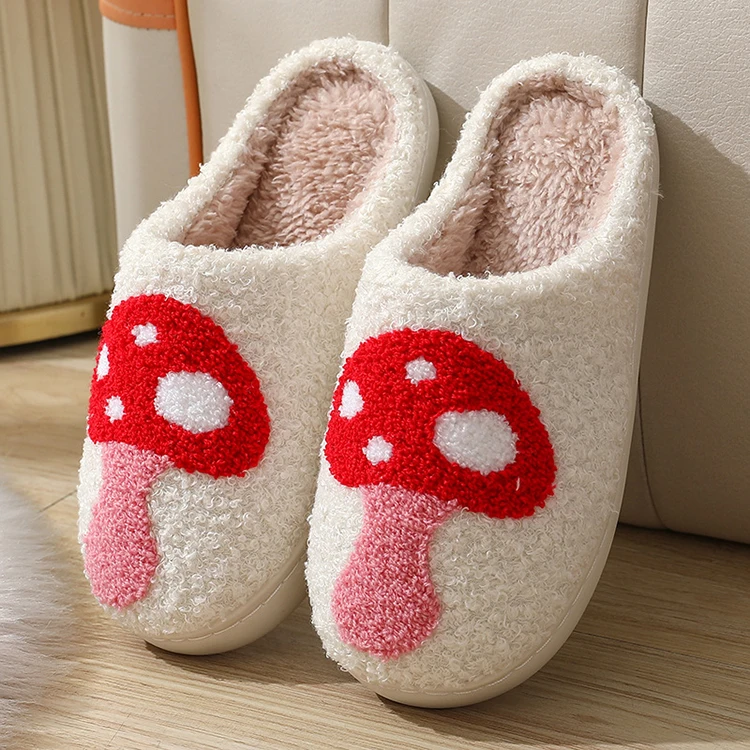 Embroidery Custom Cotton Warm Plush Fuzzy House Winter Home Smiley Face Slides Fluffy Fashion Fur Christmas Halloween Slippers