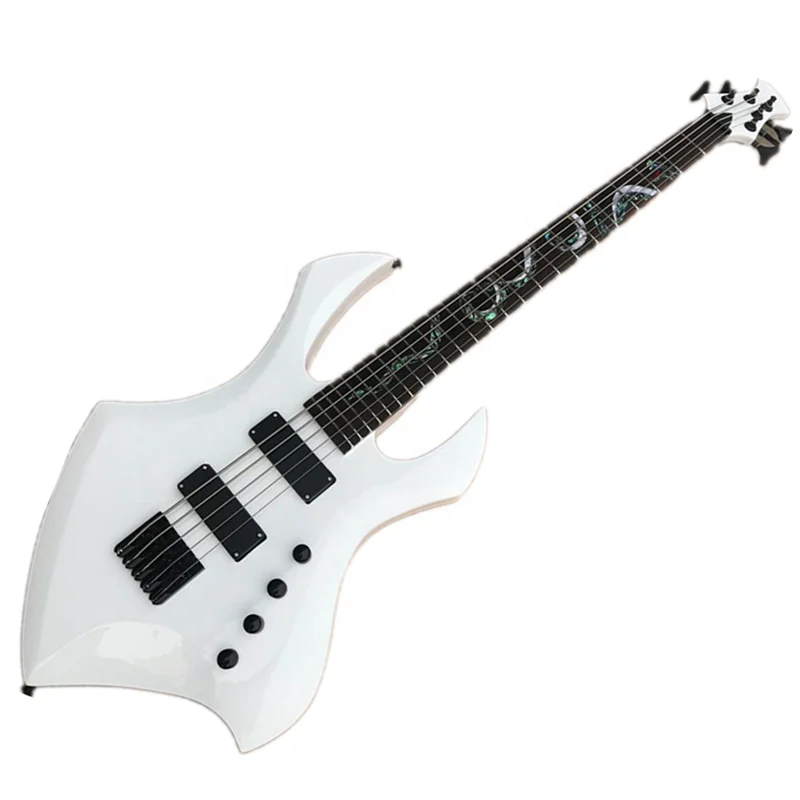 Белый бас 5 бас гитары шеи для продажи электрическая бас-гитара с черным оборудования, со змеиным узором инкрустация