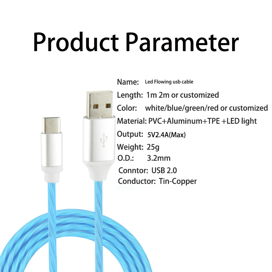 LED Flowing Cable USB C Smart OEM Fast Charging Mobile Phone Data Charging Cable