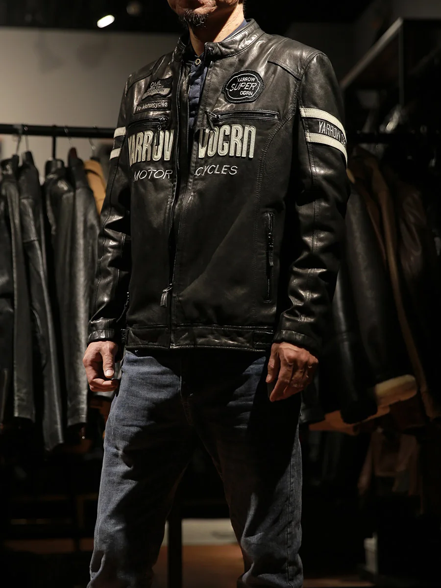 New fashion Men Casual spring wear clothes Leather full tanned sheepskin leather jacket soft stand collar racing motorcycle fit