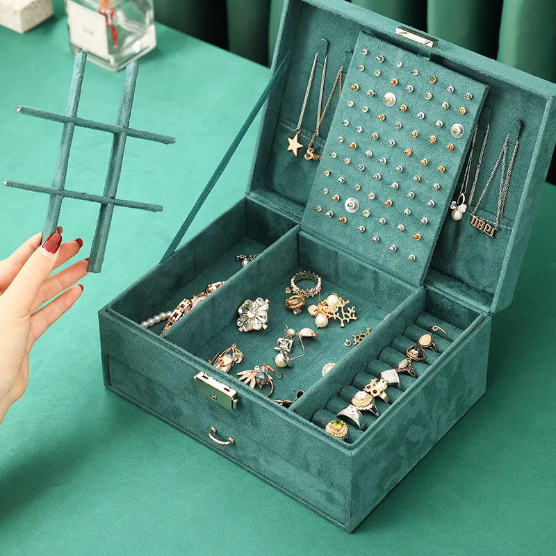 Velvet Jewelry Box Rings Earrings Necklace Organizer Tray Two-Layer Drawer Jewelry Box Organizer Display Storage case with Lock