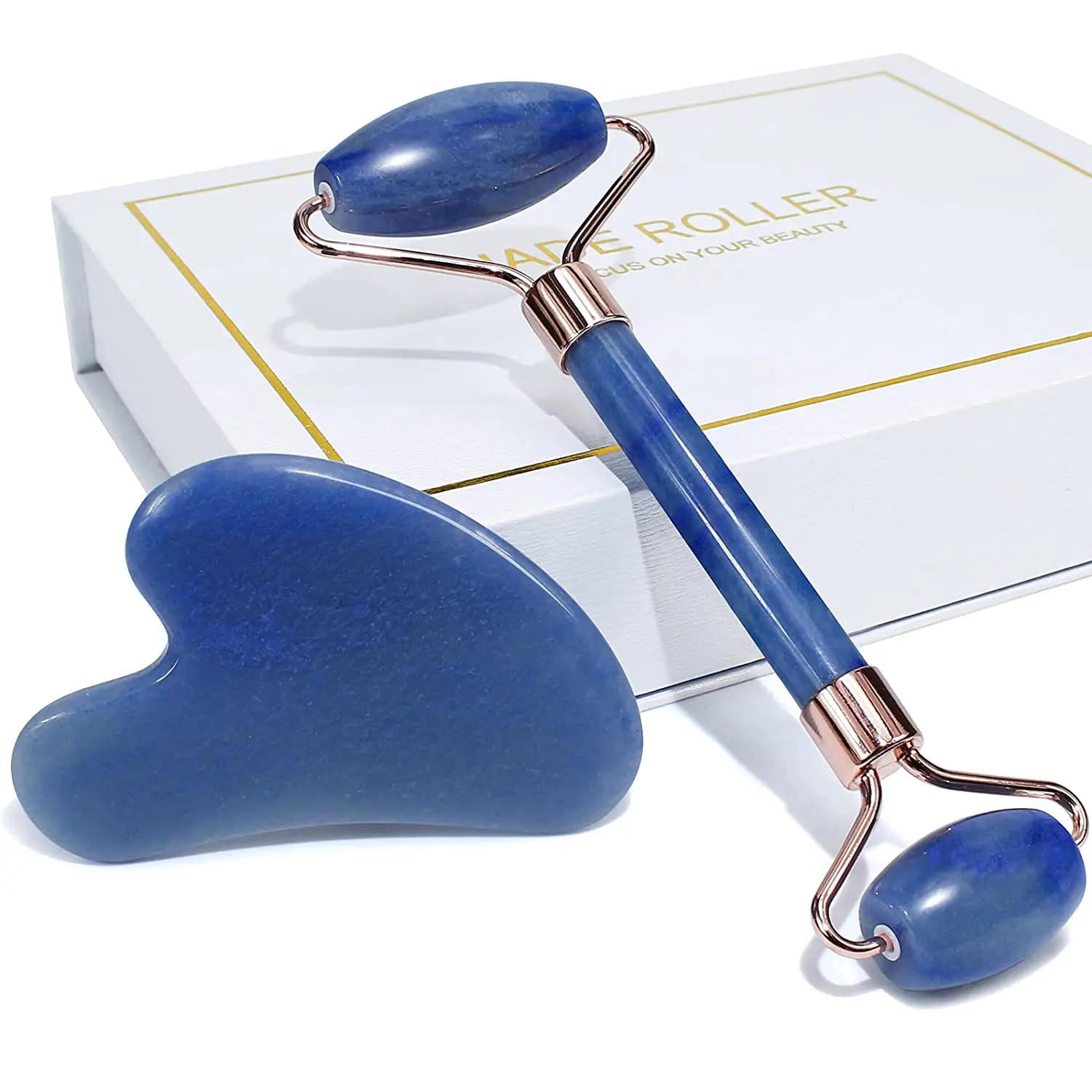 Face Jade Roller and Gua Sha Set Facial Beauty Skin Care Tool Rose Quartz Massager for Face Eyes Neck Relieve Wrinkles