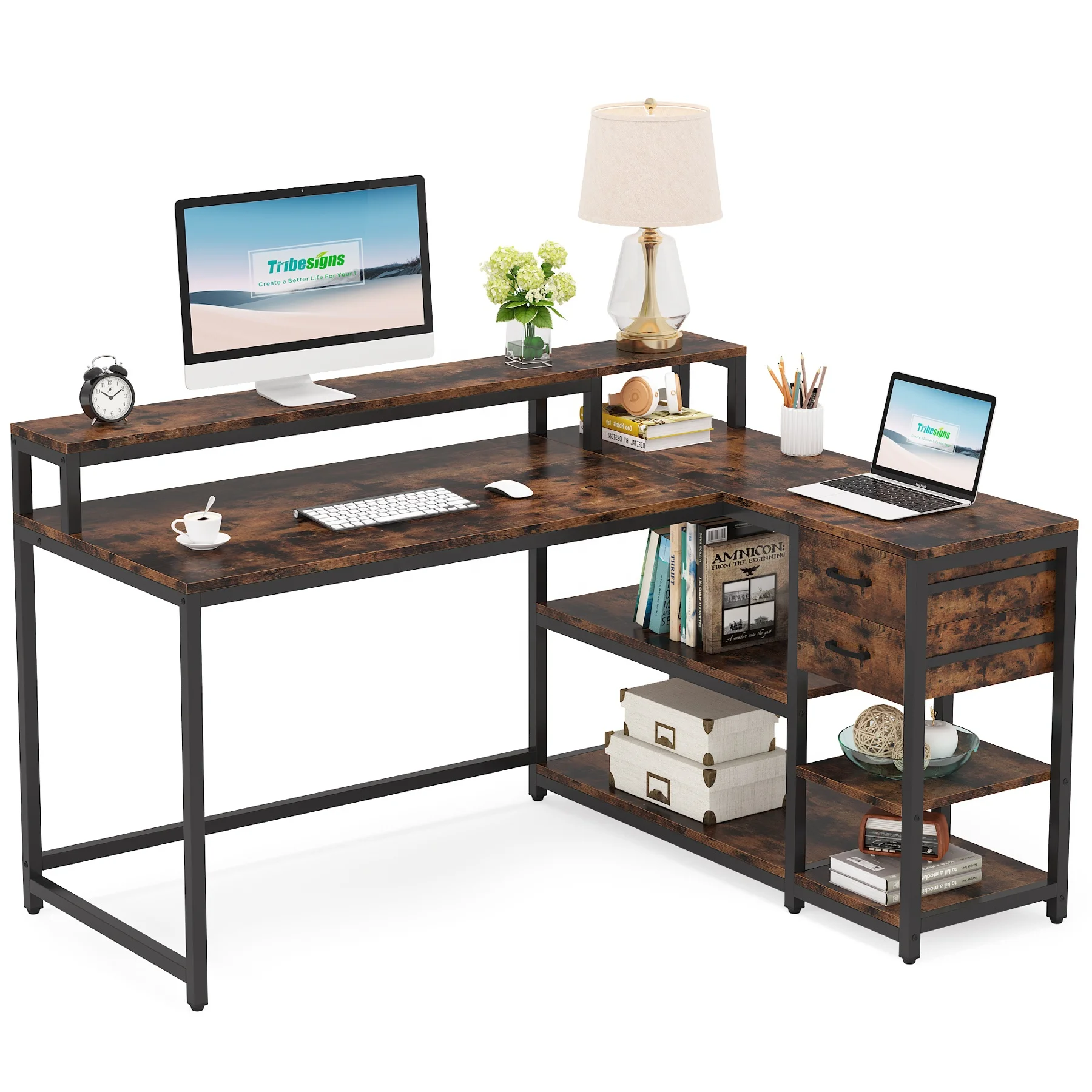 Tribesigns L Shaped Desk with Drawer Industrial Home Office Furniture Rustic Wooden and Metal PC Computer Desk