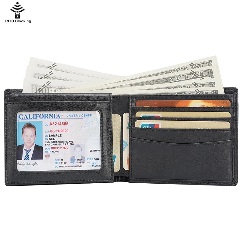 Free Sample Fashion OEM Custom Logo Black RFID Blocking Leather Bifold Wallet With 2 ID Window