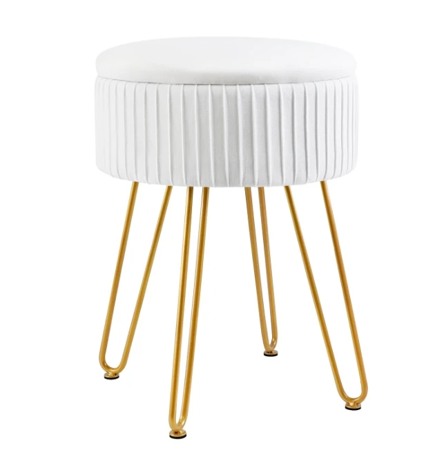 Circular velvet footrest ottoman for makeup vanity, velvet dressing table stool, pouf couch seat with golden legs
