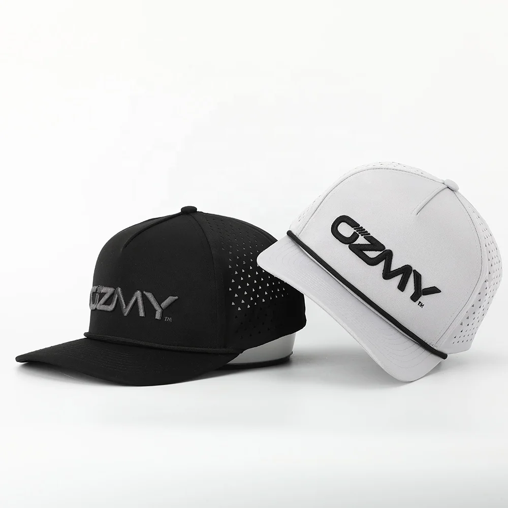 Дизайнерский дизайн ваш логотип 5 панелей Водонепроницаемая 100% Полиэстеровая лазерная резка водонепроницаемая Кепка для гольфа бейсбола Спортивная кепка на веревке