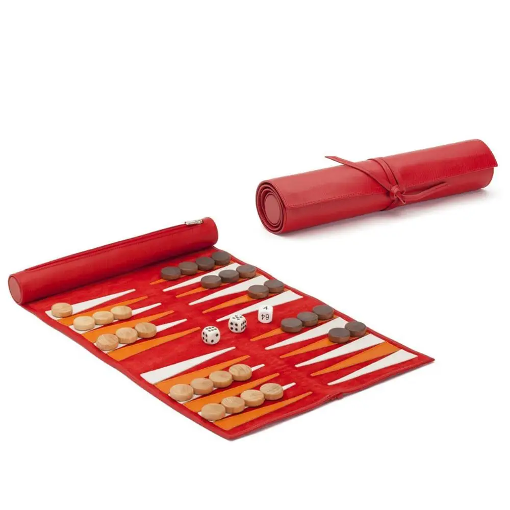 Portable red PU leather roll up travel dice custom backgammon set