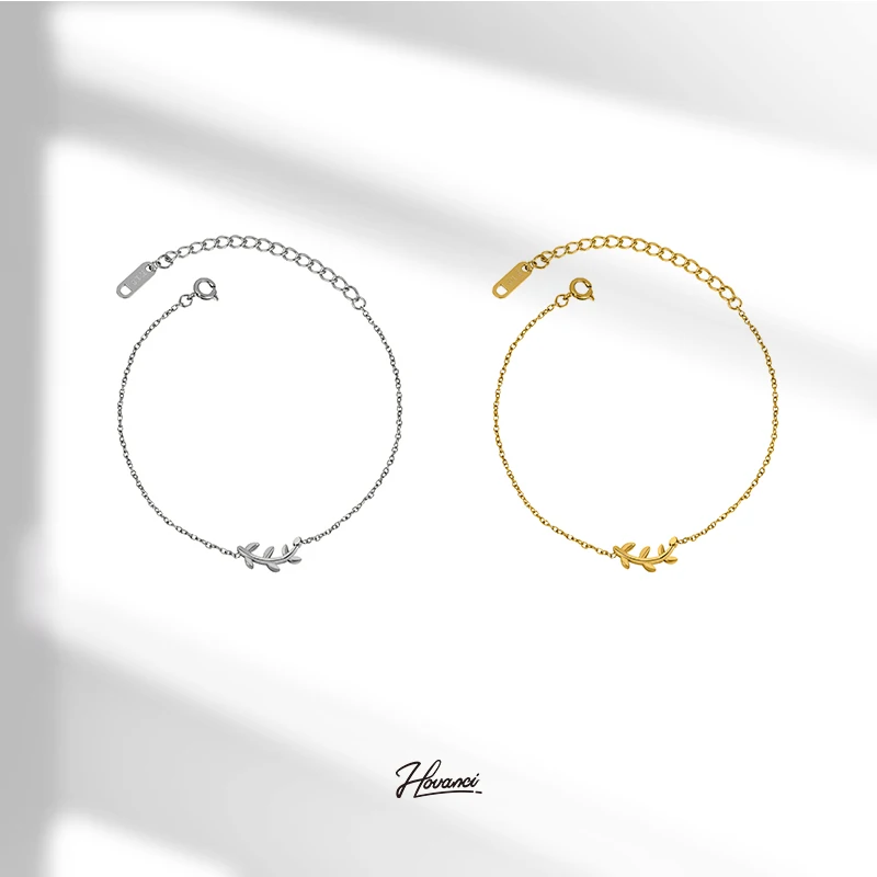 HOVANCI Crystal Zircon Leaf Charm Bracelet Party Gift 18k Gold Plated Jewelry 316L Stainless Steel Bracelet