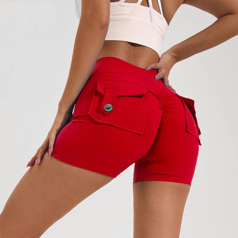 High Quality Nude Feeling Casual Biker Shorts Back Peach Hip Pocket Scrunch Butt Sexy Slim Quick Drying Yoga Shorts for Women