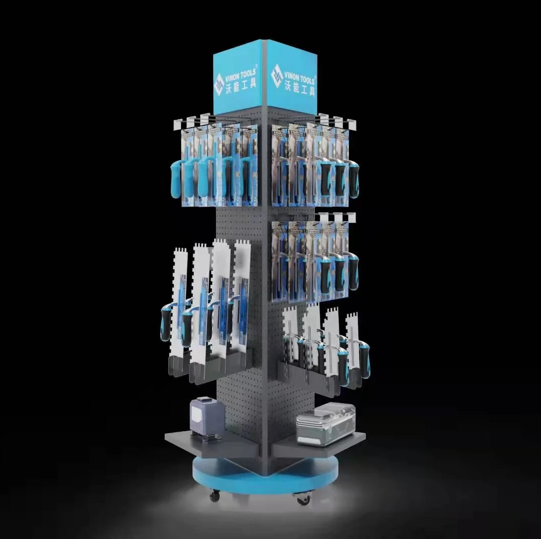 Rotatable 4-sided Four Wheels Hardware Tool Pegboard Display Rack, Free Standing Wheeled Movable Rotating Metal Display Stand