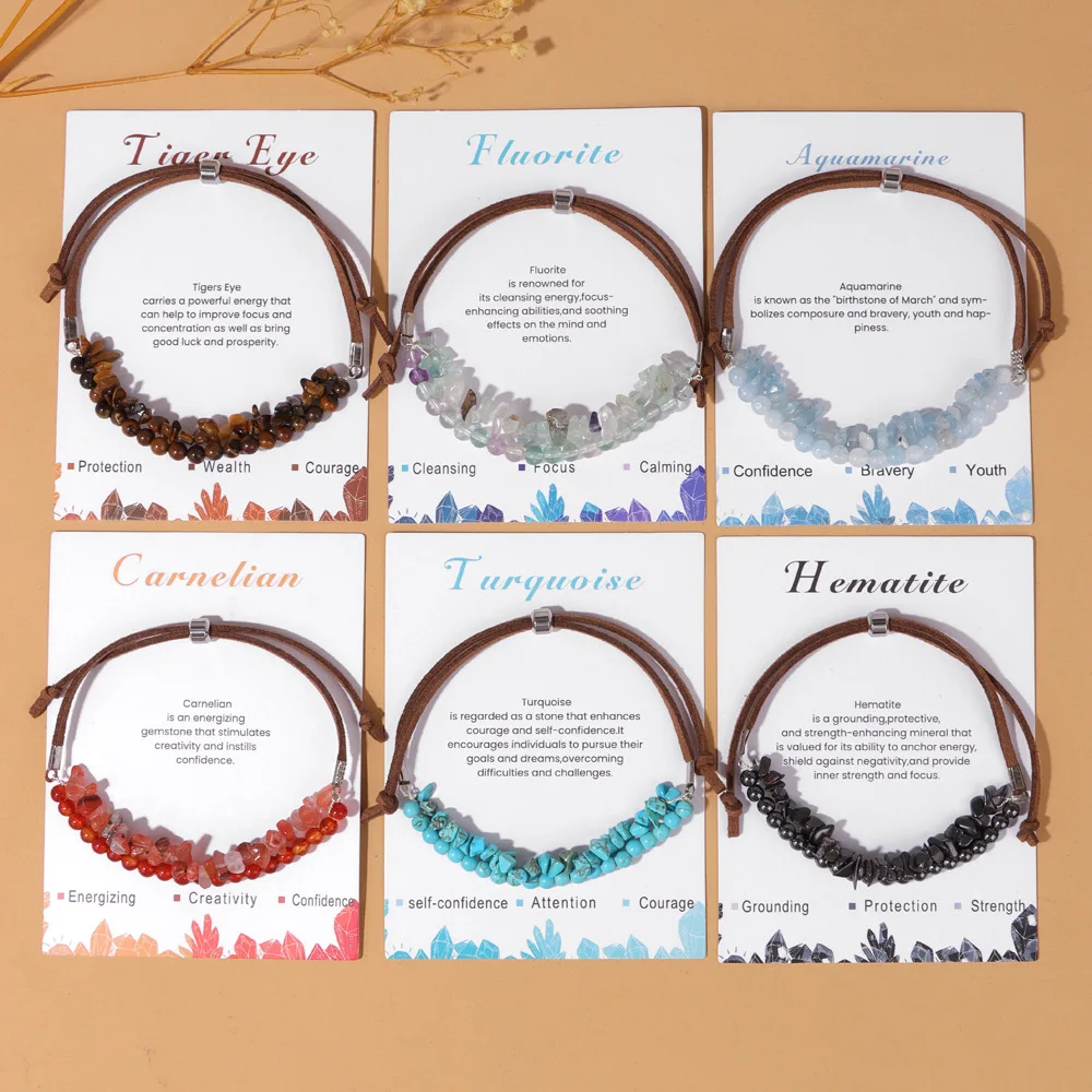 2025 Latest Trending 4 mm Round Beads and Chips Two Layers Natural Stone Leather Rope Adjustable Bracelets