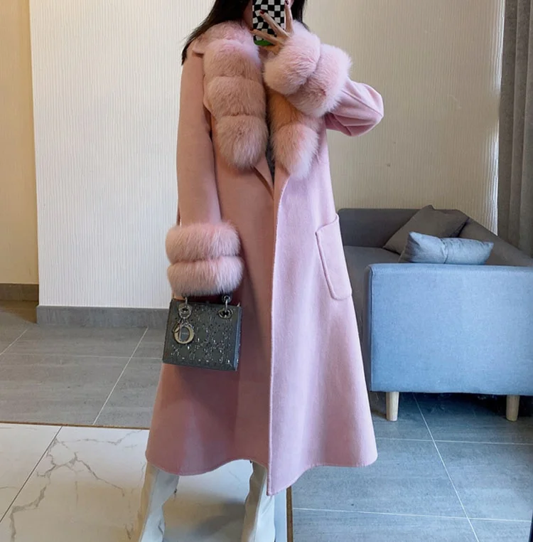 Hot Sale Cashmere Fur Coat Big Fox Fur Collar Wool Walking Coat Hand Stitched Woolen Overcoat Winter Clothes for Women
