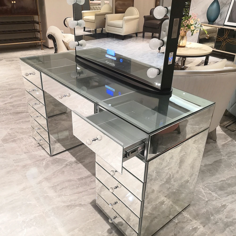 Docarelife bedroom set dresser glass tabletop 13 drawers makeup Hollywood lighted mirror vanity set  mirror table