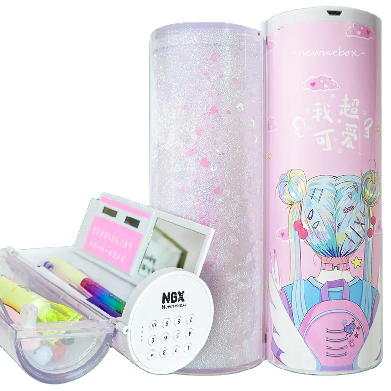 
NBX Glitter Quicksand Pencil Box School Plastic Electronic Code Lock Pencil Case With Calculator 