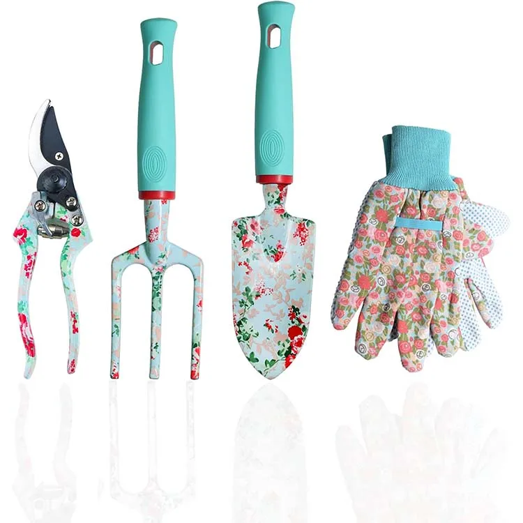 4 Piece Garden hand Tool Set kit with Floral Print Gardeners Gifts for Women heavy duty aluminum gardening tools and equipment