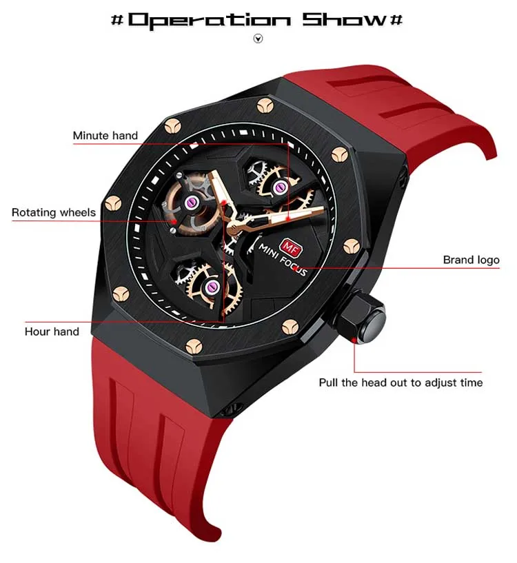 Mini Focus MF0422G Wholesale Blue Gents Quartz Watch Stylish Silicone Band Water Proof Skeleton Vintage Casual Wrist Watch