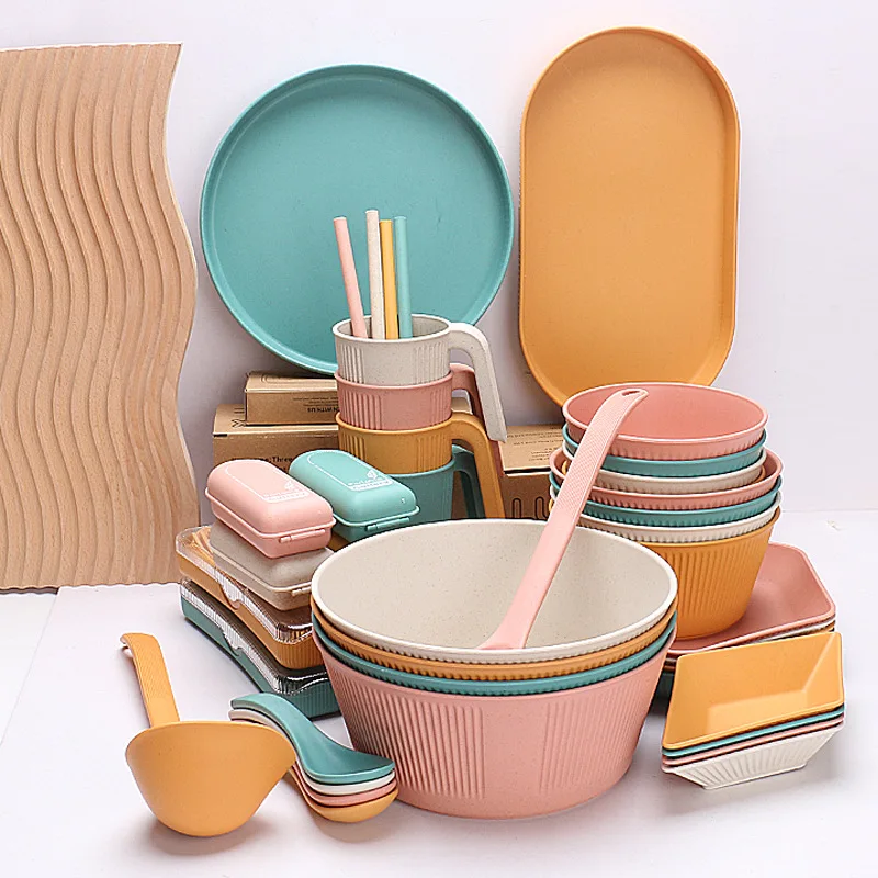 Unbreakable Reusable Wheat Straw Plates Cups Bowls Tableware Sets Wheat Straw Dinnerware Set
