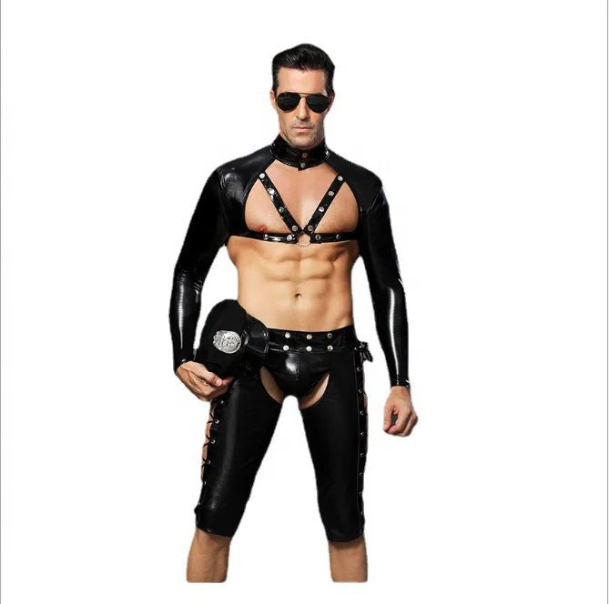 New Style stripper Rivet Role Play Erotic Lingerie Cosplay Sexy Costume Four Piece Set Sexy Gay Black Men