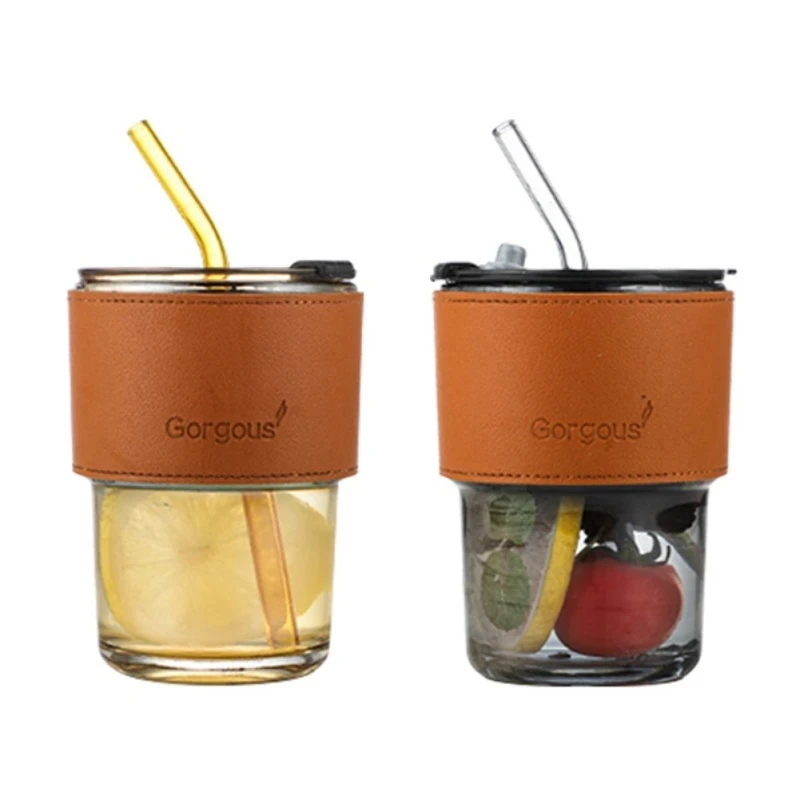 Customized Logo Popular Glass Coffee Cups Portable Leather Sleeve Glass Tea Mug With Lid And Straw