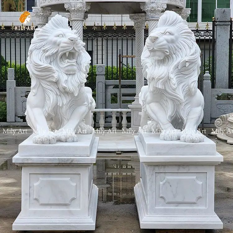 Hand Carved Outdoor Life Size Marble Stone Roaring Lion Statue Sculpture for Sale