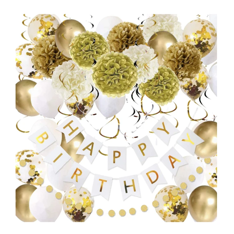 Happy Birthday Decorations with Birthday Banner Gold White Birthday Decoration Set for Theme Party Decoration
