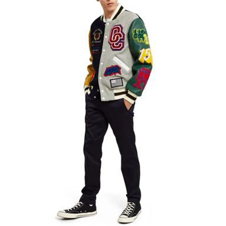Oem Custom Tow Colors Leather Sleeve Patch Chenille Embroidery Streetwear Letterman Varsity Jacket For Men