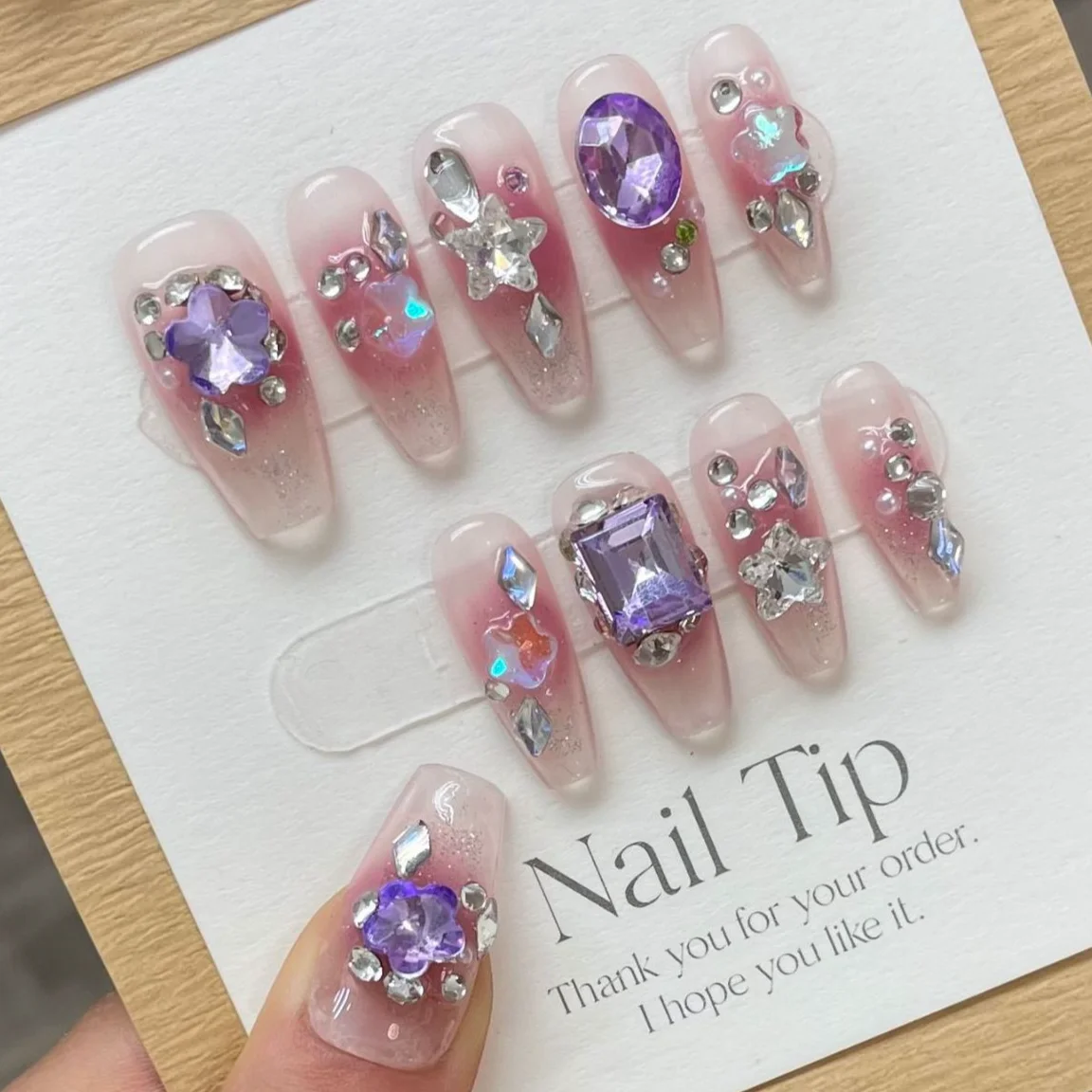 Pink Purple Rhinestone Luxury Long Press On Full Cover Fake Artificial False Nail Tips Kit Women Beauty Fake Hand Manicure Set