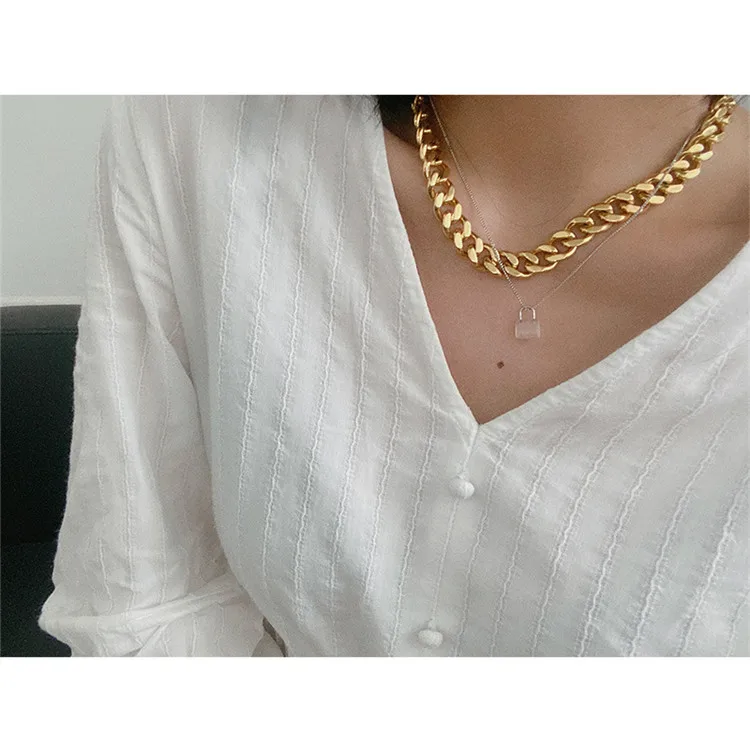 LC American Fashion 12mm Chunky Necklace Style 24 Karat Gold Filled Stainless Steel Gold Chain Necklace