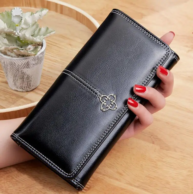 2024 High quality ladies long purse wallet with phone vintage wax oil leather women wallets