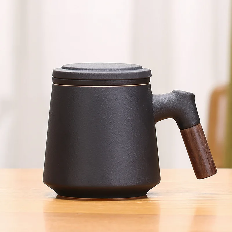 Mug Ceramic Office Custom Logo Tea Separation Cup Wooden Handle Filtered Tea Leaves with Tea Infuser