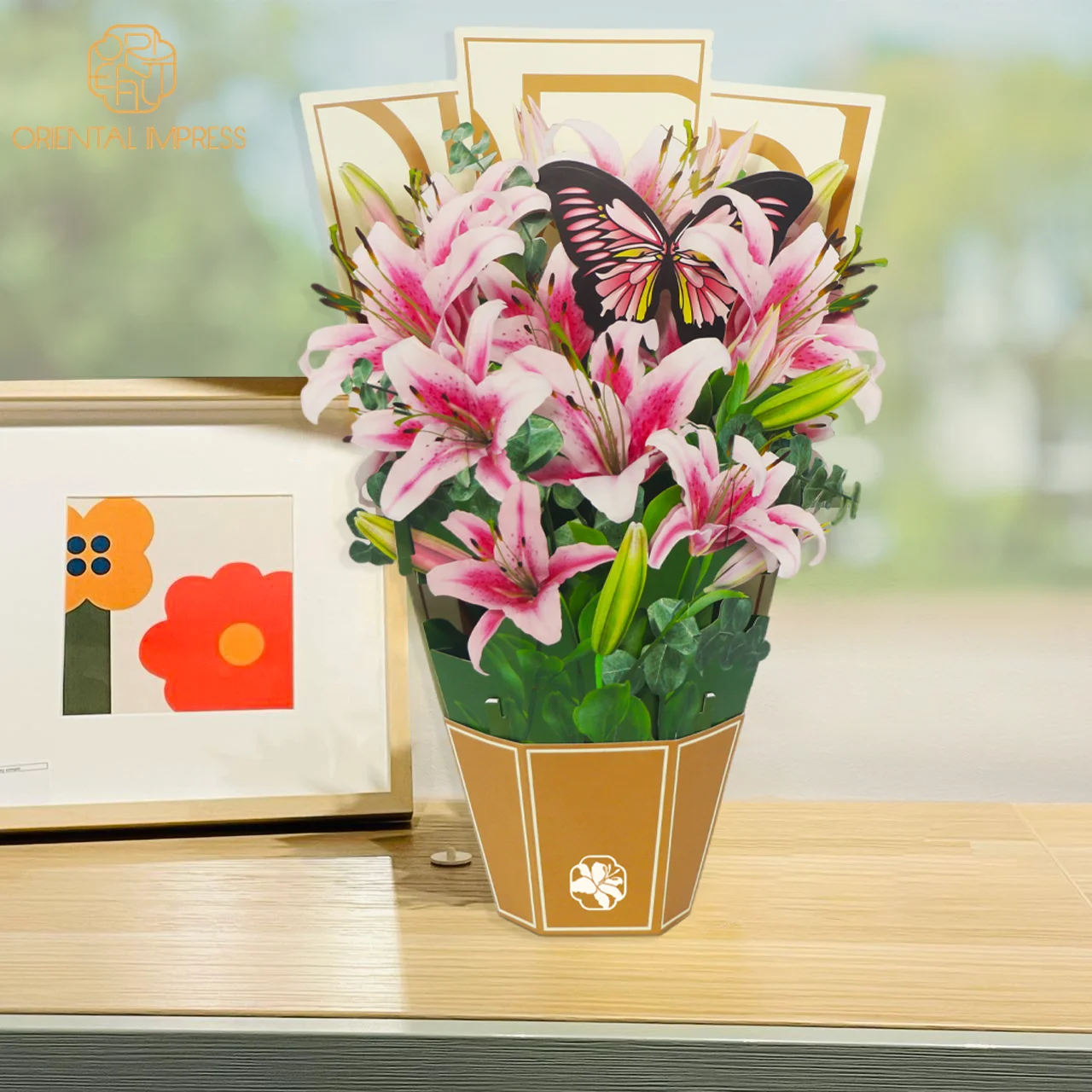 Paper Large Size Pop Up Lily Cards Forever Flower Bouquet with Butterfly Card and Envelope