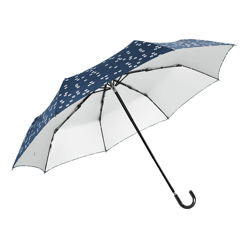 Silver Uv Protection Customised Print Flower Pattern Three Folding Umbrella With Pu Leather J Handle Folding Umbrella