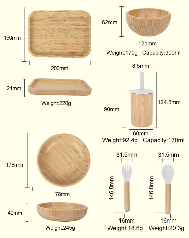 Custom Logo Eco Children Bamboo Tableware Gift Baby Bamboo Feeding Set Baby Dinner Plates Bamboo Cup With Straw Lids For Kids