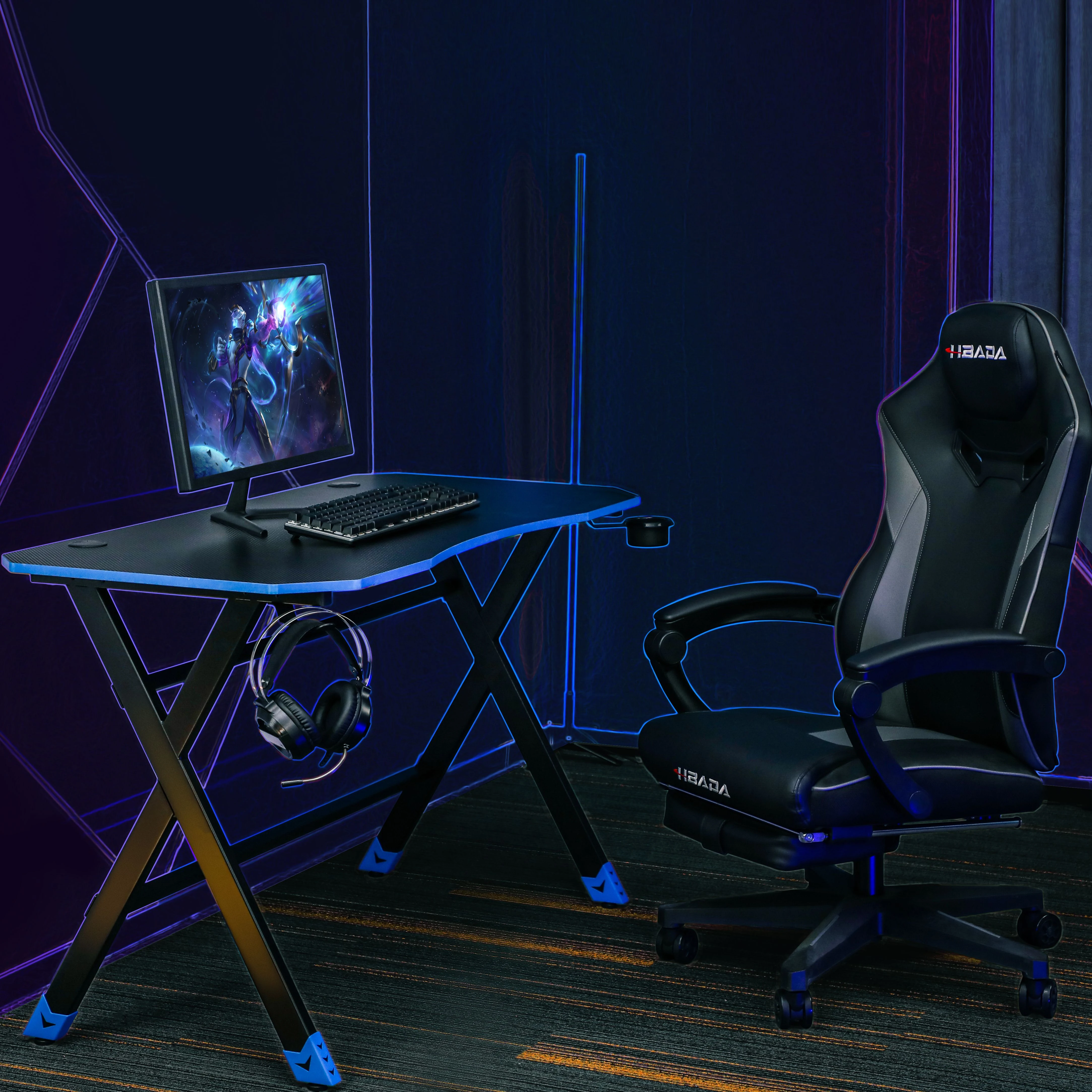 New Arrival AOKE modern furniture R shaped computer black gaming desk with Cup holder&Headphones hook