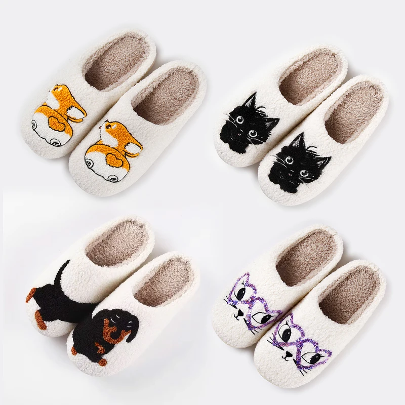 Wholesale Dachshund Sausage Dog Cat Animal Print Ant-slip EVA Slippers Shoes Lover Couple Living Room Happy Heart Fur Slippers