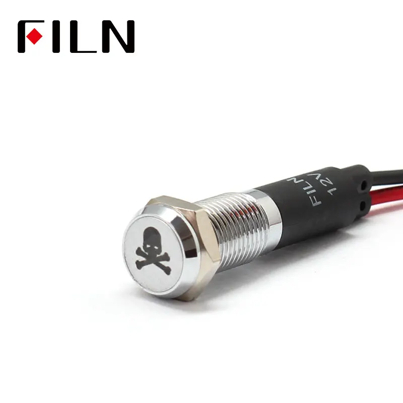 FILN 8mm Warning Dash board red yellow white blue green 12v led flat head indicator light with 20cm cable with symbol