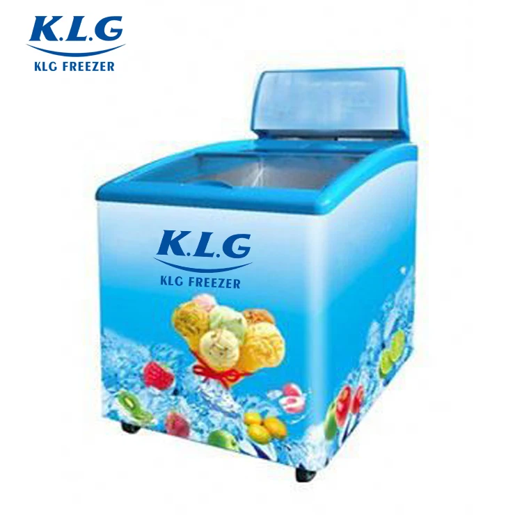 SD-158Y commercial Vertical showcase curved glass door ice cream chest freezer with lamp box and stickers