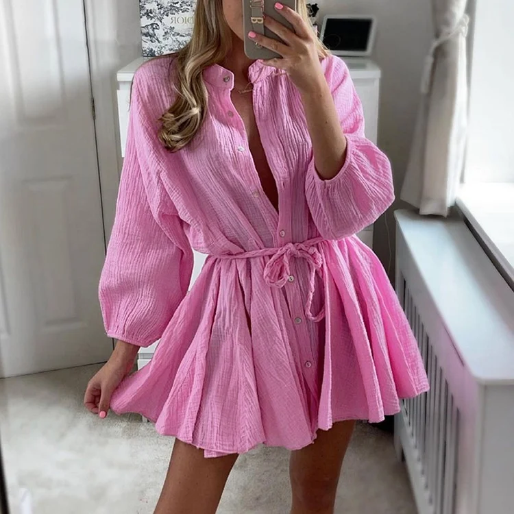 Летнее льняное платье женская одежда однотонное boohoo на шнуровке свободное повседневное богемное платье-рубашка с баской