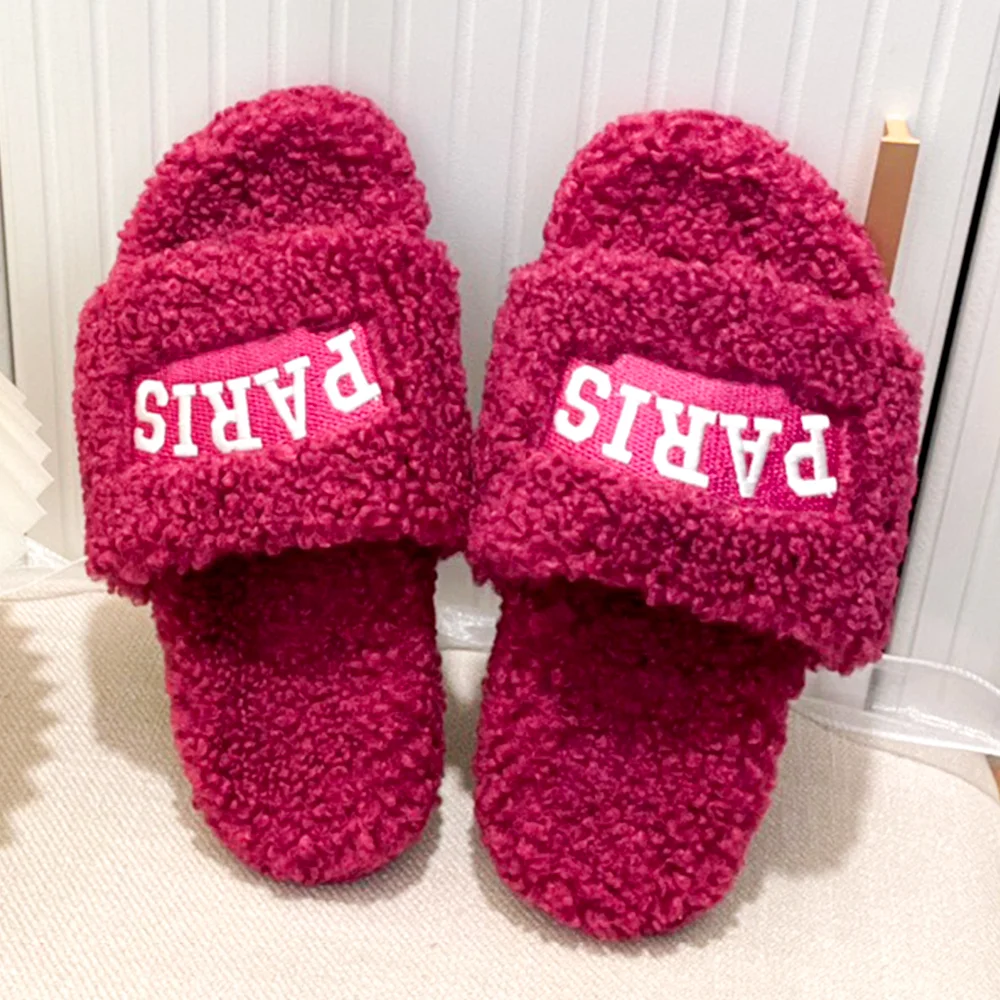 Women Luxury Warm Flat Footwear Female Slide Designer Sandal Plush Comfy Fashion Shoe Brand Lady Lamb Wool Outdoor Slipper